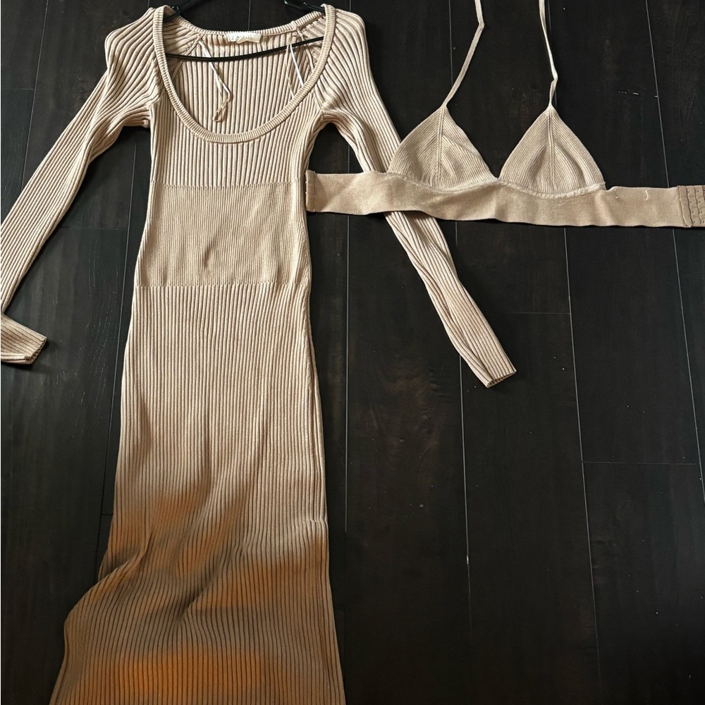 MABLE Beige Ribbed Knit Dress with Matching Top